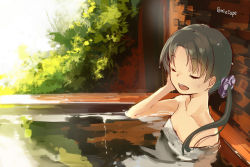 Rule 34 | 10s, 1girl, ayanami (kancolle), bath, black hair, chig (mizusaki), closed eyes, hair ornament, hand on own head, kantai collection, onsen, open mouth, parted bangs, side ponytail, solo, twitter username