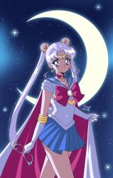 Rule 34 | 1girl, artist name, bishoujo senshi sailor moon, blue skirt, bow, cape, choker, cure nico, earrings, unworn eyewear, glasses, gloves, highres, holding, holding removed eyewear, jewelry, magical girl, moon, official alternate costume, open mouth, red bow, red choker, retro artstyle, sailor moon, skirt, sky, star (sky), starry sky, tsukino usagi, white cape, white gloves
