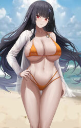 Rule 34 | 1girl, abpart, absurdres, arm at side, beach, bikini, black hair, blurry, blurry background, breasts, cleavage, closed mouth, collarbone, collared shirt, commentary, english commentary, hair ornament, hand on own hip, highres, large breasts, long hair, long sleeves, looking at viewer, mole, mole under eye, navel, ocean, orange bikini, outdoors, red eyes, shirt, sideboob, single bare shoulder, smile, solo, star (symbol), star hair ornament, stomach, swimsuit, tatakau ataisuru, tattoo, thigh gap, thighs, underboob, water, white shirt, yamaguchi ryouko
