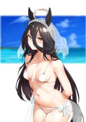 Rule 34 | 1girl, ahoge, animal ears, arms behind back, bikini, black hair, blue sky, blurry, blurry background, blush, breasts, closed mouth, cloud, collarbone, commentary request, commission, day, effort star, hair between eyes, highres, horse ears, horse girl, horse tail, long hair, manhattan cafe (umamusume), navel, ocean, outdoors, sarong, see-through, see-through sarong, simple background, sky, small breasts, smile, solo, standing, stomach, swimsuit, tail, umamusume, underboob, veil, white background, white bikini, yellow eyes