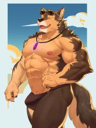 Rule 34 | 1boy, abs, animal ears, bara, black male swimwear, blue sky, bulge, claws, closed eyes, cloud, cloudy sky, commentary, dog boy, dog ears, dog tail, english commentary, eyewear on head, fangs, furry, furry male, gem, highres, jewelry, lhjal2, live a hero, male focus, male swimwear, muscular, muscular male, necklace, nipples, open mouth, pawpads, pectorals, pubraseer (live a hero), sky, solo, sunglasses, tail, topless male