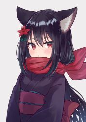 Rule 34 | 1girl, animal ear fluff, animal ears, black hair, black kimono, cat ears, cat girl, enpera, highres, japanese clothes, kimono, long hair, original, parted lips, red eyes, red scarf, sash, scarf, sese nagi, simple background, white background