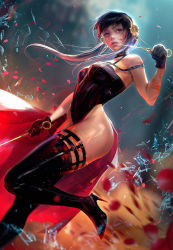 Rule 34 | 1girl, black leotard, blood, blood on face, blood on hands, bloody weapon, boots, breasts, dagger, dress, earrings, flower, gloves, gold earrings, gold hairband, hairband, high heel boots, high heels, holding, holding dagger, holding knife, holding weapon, jewelry, knife, leotard, medium breasts, red eyes, rose, ross tran, short hair with long locks, solo, spy x family, thick thighs, thigh boots, thighs, two-sided dress, two-sided fabric, weapon, yor briar