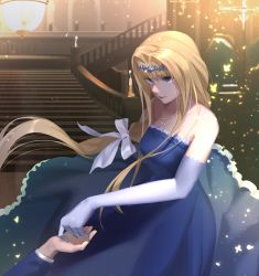 Rule 34 | 1boy, 1girl, absurdres, alice zuberg, blonde hair, blue dress, blue eyes, bow, braid, braided ponytail, diadem, dress, elbow gloves, eugeo, floating hair, gloves, hair bow, hair intakes, highres, huge filesize, indoors, jewelry, long dress, long hair, low-tied long hair, necklace, oekaki taro, open mouth, ponytail, single braid, sleeveless, sleeveless dress, smile, stairs, strapless, strapless dress, sword art online, sword art online: alicization, very long hair, white bow, white gloves