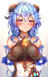 Rule 34 | absurdres, ahoge, bare shoulders, bell, black bodysuit, blue hair, blush, bodystocking, bodysuit, breasts, collarbone, covering privates, covering breasts, cowbell, detached sleeves, ganyu (genshin impact), genshin impact, goat horns, gold trim, hand on own chest, highres, horns, large breasts, long hair, looking at viewer, purple eyes, queencho, solo, vision (genshin impact)
