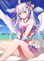 Rule 34 | 1girl, :o, angel wings, angry, aya-cis, azusa (blue archive), azusa (swimsuit) (blue archive), beach, blue archive, blue sky, blush, detached sleeves, flat chest, flower, flower on head, hair ornament, highres, jewelry, legs, long hair, looking at viewer, multicolored eyes, necklace, ocean, official alternate costume, pearl necklace, pink eyes, purple eyes, sand, sky, swimsuit, white hair, wings