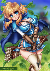 Rule 34 | 1girl, arrow (projectile), blonde hair, blue eyes, boots, bow (weapon), breasts, cape, cleavage, closed mouth, dress, earrings, fingerless gloves, gauntlets, genderswap, genderswap (mtf), gloves, grass, hood, hooded cape, jewelry, large breasts, leaf, link, nintendo, outdoors, pointy ears, sevie, short sleeves, sidelocks, solo, the legend of zelda, the legend of zelda: breath of the wild, thighhighs, thighs, weapon, white thighhighs