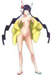 Rule 34 | 1girl, aqua eyes, asymmetrical footwear, blue eyes, blunt bangs, breasts, breasts apart, censored, cleft of venus, creatures (company), elesa (pokemon), feet, female focus, full body, functionally nude, game freak, gluteal fold, groin, gym leader, headphones, hip focus, jacket, legs, legs apart, long hair, looking at viewer, mosaic censoring, navel, nintendo, nipples, no panties, open clothes, open jacket, outstretched arms, parted lips, pokemon, pokemon bw2, puffer coat, purple hair, pussy, shoes, small breasts, solo, standing, thighs, toe cleavage, toes, transparent background, twintails, uneven footwear, yachi (fujiyasu0616), yellow jacket