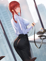 Rule 34 | 1girl, ass, black necktie, black pants, book, braid, braided ponytail, breasts, business suit, chainsaw man, city, collar, collared shirt, commentary request, cup, formal, from behind, highres, holding, holding leash, indoors, large breasts, leash, long sleeves, looking at viewer, looking back, makima (chainsaw man), medium breasts, necktie, office lady, pants, red hair, ringed eyes, sansan (dongfangzhong111), shirt, sidelocks, smile, solo, standing, suit, table, white shirt, yellow eyes