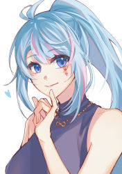 Rule 34 | 1girl, absurdres, azura cecillia, blue eyes, blue hair, breasts, commentary, english commentary, grey sweater, heart, highres, indonesian commentary, looking to the side, medium breasts, mixed-language commentary, multicolored hair, nijisanji, nijisanji id, pink hair, ponytail, portrait, smile, solo, streaked hair, sweater, virtual youtuber, white background, yaku (999ykseo)