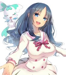 Rule 34 | 10s, 1girl, :d, blue eyes, blue hair, blush, bow, breasts, buttons, coffret (heartcatch precure!), double-breasted, dress, closed eyes, head tilt, heartcatch precure!, kurumi erika, large breasts, long hair, looking at viewer, magister, open mouth, outstretched arms, precure, sailor dress, smile, spread arms