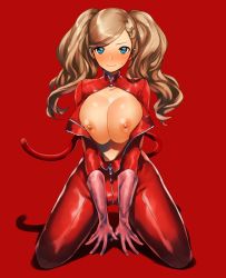 Rule 34 | 10s, 1girl, atlus, blonde hair, blue eyes, blush, bodysuit, breasts squeezed together, breasts, breasts out, cat tail, cleavage, gloves, hair ornament, hairclip, kneeling, large breasts, long hair, looking at viewer, nipples, nose blush, persona, persona 5, pink gloves, red background, red theme, s0azuki, sega, shadow, simple background, sweatdrop, tail, takamaki anne, twintails, unzipped