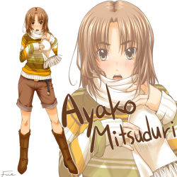 Rule 34 | 00s, 1girl, artist name, blush, boots, brown hair, casual, character name, character signature, fate/stay night, fate (series), fue (rhomphair), kunreishiki, mitsuzuri ayako, open mouth, romaji text, scarf, shorts, signature, solo, sweater, zoom layer