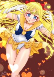 1girl aino_minako bishoujo_senshi_sailor_moon blonde_hair blue_eyes bow breasts cleavage gloves gluteal_fold heart large_breasts leotard leotard_peek lips long_hair magical_girl miniskirt red_bow renoylew sailor_venus skirt super_sailor_venus very_long_hair