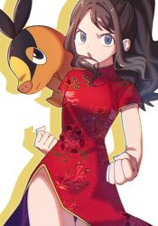 Rule 34 | 1girl, :o, alternate costume, brown hair, china dress, chinese clothes, clenched hands, commentary request, cowboy shot, creatures (company), dress, eyelashes, game freak, gen 5 pokemon, grey eyes, high ponytail, highres, hilda (pokemon), kana (kanna runa0620), long hair, looking at viewer, nintendo, open mouth, pokemon, pokemon (creature), pokemon bw, red dress, short sleeves, sidelocks, tepig