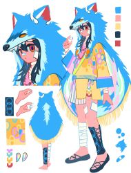 Rule 34 | 1girl, bandaged arm, bandaged leg, bandages, bandaid, bandaid on face, bandaid on nose, black hair, blue cape, cape, character sheet, color guide, from behind, full body, hand up, highres, holding, hood, hood up, hooded cape, jacket, jewelry, long hair, long sleeves, looking at viewer, multiple views, nagomi ( nagomi ), necklace, original, pearl necklace, pelt, red eyes, shin guards, shoes, single shin guard, solo, standing, three emoji challenge, white background, yellow jacket