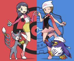 2girls absurdres animal_hands beak beanie bird black_hair black_socks blue_background boots brown_eyes brown_hair claws cosplay costume_switch dawn_(pokemon) dawn_(pokemon)_(cosplay) digimon digimon_adventure_02 digivice dress elbow_gloves full_body gen_4_pokemon glameow gloves gold_ring hair_ornament hairclip hand_up hat heart heart_hands heart_hands_duo highres holding holding_poke_ball holy_ring index_finger_raised kneehighs long_hair looking_at_viewer multiple_girls name_connection one_eye_closed open_mouth paw_gloves penmon pink_boots pink_gloves pink_skirt poke_ball poke_ball_(basic) red_background red_scarf scarf shirt short_dress short_hair short_shorts shorts siczak skirt sleeveless sleeveless_dress sleeveless_shirt smile socks split_theme standing standing_on_one_leg tail tail_ornament tail_ring tailmon tailmon_(cosplay) white_hat white_socks yagami_hikari yagami_hikari_(cosplay) yellow_shorts