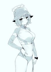 Rule 34 | 1girl, blue archive, blue background, blue theme, blush, breasts, bucket hat, closed mouth, goshiki suzu, halo, hat, highres, large breasts, long sleeves, looking at viewer, monochrome, navel, official alternate costume, raglan sleeves, rash guard, saki (blue archive), saki (swimsuit) (blue archive), short hair, simple background, solo