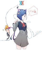 Rule 34 | 10s, 1boy, 1girl, absurdres, animal ears, bad id, bad pixiv id, bell, blue hair, blush, bow, breasts, cat, cat ears, cat tail, commentary request, cropped legs, darling in the franxx, fake animal ears, gorou (darling in the franxx), green eyes, hair ornament, hair over one eye, hairclip, hand in pocket, highres, ichigo (darling in the franxx), looking at viewer, paw pose, q-pra, ribbon, short hair, tail, tail bow, tail ornament, tail ribbon, uniform
