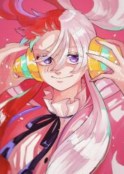 Rule 34 | 1girl, black ribbon, dress, eyelashes, hair rings, headphones, highres, light particles, long hair, looking at viewer, multicolored hair, one piece, one piece film: red, pink background, purple eyes, ribbon, simple background, smile, solo, split-color hair, sub 45, upper body, uta (one piece), white dress