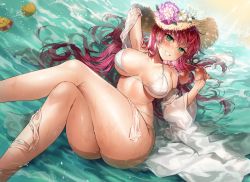 Rule 34 | 1girl, azur lane, beach, bikini, breasts, chanel, curvy, flower, flower hat, gijang, green eyes, grin, hat, hat flower, in water, large breasts, long hair, looking at viewer, multiple straps, ocean, red hair, see-through, smile, solo, straw hat, sun hat, sunglasses, sunglasses removed, surcouf (azur lane), surcouf (loisirs balneaires) (azur lane), swimsuit, thick thighs, thighs, two-tone swimsuit, wet, wet clothes, wet swimsuit, white bikini