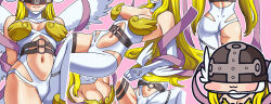 Rule 34 | 1girl, angewomon, ass, blonde hair, breasts, chibi, clothing cutout, digimon, digimon adventure, helmet, jazz jack, large breasts, long hair, multiple views, navel, navel cutout, pink background, simple background, sitting, smile, standing