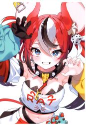 Rule 34 | 1girl, absurdres, animal ear fluff, animal ears, arm up, bare shoulders, black collar, black gloves, black hair, blue eyes, blue sleeves, breasts, claw pose, cleavage, collar, crop top, detached sleeves, dice hair ornament, gloves, grin, hair between eyes, hair ornament, hakos baelz, hakos baelz (1st costume), hand up, highres, hololive, hololive english, kutata, layered sleeves, long sleeves, looking at viewer, medium breasts, midriff, mouse ears, mouse girl, mouse tail, mousetrap, multicolored clothes, multicolored hair, multicolored skirt, nail polish, navel, pink nails, puffy long sleeves, puffy sleeves, red hair, red sleeves, scan, shirt, short over long sleeves, short sleeves, simple background, single glove, skirt, sleeves past wrists, smile, solo, spiked collar, spikes, strapless, strapless shirt, streaked hair, tail, twintails, virtual youtuber, white background, white hair, white shirt, white skirt, white sleeves, yellow sleeves