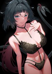 Rule 34 | 1girl, absurdres, black background, black bra, black panties, blunt bangs, blush, bra, breasts, cleavage, closed mouth, collarbone, cowboy shot, fingernails, green eyes, green hair, highres, himeliofon, jane doe (zenless zone zero), large breasts, looking at viewer, nail polish, panties, red hair, red nails, sidelocks, simple background, smile, solo, tail, underwear, zenless zone zero