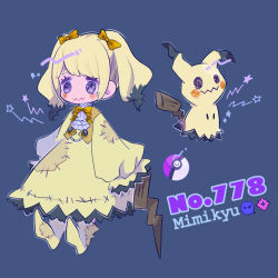 Rule 34 | 1girl, blonde hair, blue background, blush, bow, character name, closed mouth, creatures (company), dress, frills, game freak, gen 7 pokemon, hair bow, long hair, long sleeves, mimikyu, moemon, multicolored hair, narumame, nintendo, patch, personification, poke ball, poke ball (basic), pokedex number, pokemon, pokemon (creature), shoes, sidelocks, simple background, standing, star (symbol), twintails, wide sleeves, yellow bow, yellow dress, yellow footwear