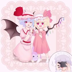 Rule 34 | 3girls, aged down, baby.lemon, bat wings, black nails, blood, camera, collared shirt, commentary, dress, english commentary, fangs, flandre scarlet, frilled shirt, frilled shirt collar, frilled skirt, frilled sleeves, frills, grey hair, hand on another&#039;s shoulder, happy, hat, hat ribbon, heart, heart hands, heart hands duo, highres, holding, holding camera, izayoi sakuya, looking at another, maid headdress, mob cap, multicolored wings, multiple girls, nail polish, no shoes, nosebleed, one eye closed, open mouth, pink background, pink headwear, pink shirt, pink skirt, puffy short sleeves, puffy sleeves, red dress, red eyes, red ribbon, remilia scarlet, ribbon, shirt, short sleeves, siblings, simple background, sisters, skirt, sleeve ribbon, socks, stuffed animal, stuffed toy, taking picture, touhou, white headwear, white socks, wings, wrist cuffs