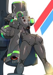 Rule 34 | 10s, 1girl, apron, arched back, cowboy shot, darling in the franxx, genista (darling in the franxx), gloves, helmet, holding, holding weapon, humanoid robot, legs, mecha, red eyes, robot, shigehiro (hiroi heya), shoulder pads, simple background, solo, standing, thick thighs, thighs, weapon
