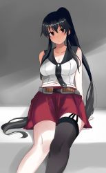 Rule 34 | 10s, 1girl, absurdres, anchor symbol, arms behind back, asymmetrical legwear, bare shoulders, belt, black hair, black thighhighs, breasts, collarbone, garter straps, highres, kantai collection, large breasts, long hair, looking at viewer, ma-a, midriff, navel, necktie, pleated skirt, ponytail, red eyes, school uniform, scrunchie, serafuku, simple background, single thighhigh, skirt, solo, thighhighs, uneven legwear, yahagi (kancolle)