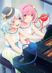 Rule 34 | 2girls, ;d, alternate costume, black headwear, blue bow, blush, bow, buttons, closed mouth, collarbone, commentary, diamond button, dress, grand piano, green eyes, green hair, hairband, hat, hat bow, heart button, instrument, komeiji koishi, komeiji satori, lips, long hair, looking at another, multiple girls, music, one eye closed, open mouth, piano, piano bench, pink eyes, pink hair, playing instrument, playing piano, red bow, red eyes, red hairband, short hair, siblings, sisters, sitting, sleeveless, sleeveless dress, smile, teeth, third eye, tongue, touhou, upper teeth only, waist bow, wavy hair, white dress, witoi (roa), yellow bow