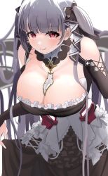 Rule 34 | 1girl, artist request, azur lane, bare shoulders, black dress, bowing, breasts, cleavage, dress, flight deck, formidable (azur lane), frilled dress, frills, gothic lolita, grey hair, hair ribbon, highres, large breasts, lolita fashion, long hair, looking at viewer, neckwear between breasts, red eyes, ribbon, solo, twintails, two-tone dress, two-tone ribbon, very long hair, white background, white neckwear