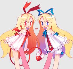 Rule 34 | 2girls, batrobin k, blue eyes, blush, bow, demon tail, demon wings, disgaea, dress, dual persona, flat chest, flonne, flonne (fallen angel), hairband, heart, highres, leotard, long hair, looking at viewer, multiple girls, open mouth, pointy ears, red eyes, red leotard, shorts, smile, tail, tail bow, tail ornament, very long hair, white dress, wings