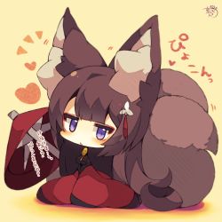 Rule 34 | 1girl, :&lt;, amagi (azur lane), animal ear fluff, animal ears, azur lane, beige background, black shirt, blush, breasts, brown hair, chibi, fox ears, fox girl, fox tail, full body, head tilt, heart, highres, large breasts, long hair, long sleeves, looking at viewer, multiple girls, multiple tails, muuran, parted lips, purple eyes, shirt, signature, sleeves past fingers, sleeves past wrists, solo, tail, translation request, triangle mouth, two tails, very long hair, wide sleeves