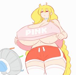 Rule 34 | 1girl, ahoge, animated, animated gif, blonde hair, braid, breasts, cassie (theycallhimcake), choker, cleavage, clothes lift, closed eyes, female focus, gigantic breasts, long hair, lowres, no bra, original, pink shirt, red shorts, shirt, shirt lift, shorts, simple background, solo, standing, sweat, theycallhimcake, thighhighs, twin braids, underboob, very long hair, white background, white thighhighs