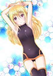 Rule 34 | 10s, 1girl, alternate hairstyle, armpits, arms behind head, arms up, bad id, bad pixiv id, bare shoulders, black thighhighs, blonde hair, blush, bodysuit, charlotte dunois, chm (macharge), covered navel, cowboy shot, crossed arms, dutch angle, from above, hair between eyes, hair down, halterneck, infinite stratos, leotard, light smile, long hair, looking at viewer, outline, pilot suit, purple eyes, smile, solo, thigh gap, thighhighs, turtleneck