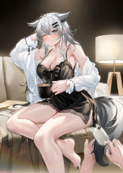 Rule 34 | 1girl, 1other, ambiguous gender, animal ears, arknights, bare legs, bare shoulders, barefoot, black nightgown, breasts, closed mouth, coffee, couch, cup, extra ears, feet, green eyes, grey hair, hair ornament, hairclip, highres, holding, holding cup, jewelry, lamppost, lappland (arknights), long hair, medium breasts, nightgown, on couch, one eye closed, ring, scar, scar across eye, smile, solo, stardust (chen&#039;ai weiding), tail, tail brushing, toenails, wedding ring, wolf ears, wolf tail