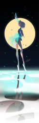Rule 34 | 1girl, back, bare arms, brown hair, emase (foxmoon), full body, full moon, glowing, holding, holding weapon, light particles, moon, night, outdoors, pale skin, pearl (steven universe), pink socks, pointy nose, profile, reflection, sash, shoes, short hair, signature, sleeveless, socks, solo, standing, standing on liquid, steven universe, tiptoes, water, weapon, white footwear