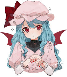 Rule 34 | 1girl, ?, ??, alternate hair length, alternate hairstyle, artist name, bat wings, blue hair, blush, bow, commentary request, cropped torso, dress, gotou (nekocat), hat, hat bow, highres, juliet sleeves, long hair, long sleeves, looking at viewer, mob cap, nail polish, own hands together, pink dress, pink hat, puffy sleeves, red bow, red eyes, red nails, remilia scarlet, signature, simple background, solo, touhou, upper body, white background, wings