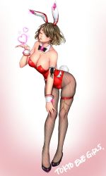 Rule 34 | 1girl, animal ears, armband, bare shoulders, black bow, black bowtie, black footwear, bow, bowtie, breasts, brown eyes, brown hair, cleavage, detached collar, fake animal ears, fishnet pantyhose, fishnets, full body, gradient background, heart, high heels, large breasts, leaning forward, leotard, looking at viewer, masami chie, one eye closed, original, pantyhose, playboy bunny, rabbit ears, rabbit tail, red leotard, shoes, short hair, solo, standing, strapless, strapless leotard, tail, tokyo exe girls, wrist cuffs