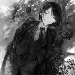 Rule 34 | 1girl, androgynous, belt, bob cut, coat, collared shirt, cowboy shot, dappled sunlight, formal, from below, grass, greyscale, grin, hands in pockets, jacket, leaning forward, long sleeves, looking at viewer, looking down, monochrome, nature, original, outdoors, sakurana haru, shirt, short hair, smile, solo, suit, sunlight, swept bangs, vest