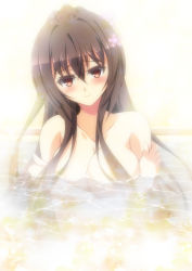 Rule 34 | 10s, 1girl, bathing, breasts, brown eyes, brown hair, female focus, gradient background, highres, ka2, kantai collection, large breasts, long hair, partially submerged, ponytail, solo, steam, yamato (kancolle)