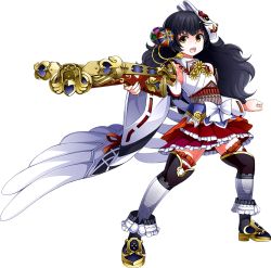 Rule 34 | 1girl, artist request, black hair, bowgun, detached sleeves, fox mask, full body, holding, holding weapon, long hair, mask, mask on head, official art, open mouth, oshiro project:re, oshiro project:re, pleated skirt, red skirt, sanbonmatsu (oshiro project), skirt, solo, thighhighs, transparent background, very long hair, wavy hair, weapon, yellow eyes