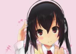 Rule 34 | 1girl, akg, akg k-series headphones, black hair, blush stickers, brown eyes, headphones, k-on!, looking at viewer, nakano azusa, ogipote, portrait, smile, solo, sweater vest, twintails