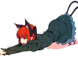 Rule 34 | 1girl, all fours, animal ears, ass, black bow, blunt bangs, blush, bow, braid, cat ears, cat stretch, cat tail, dress, green dress, hair bow, kaenbyou rin, kaiza (rider000), long hair, long sleeves, multiple tails, open mouth, red eyes, red hair, solo, stretching, tail, tears, top-down bottom-up, touhou, transparent background, trembling