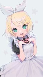 Rule 34 | 1girl, alternate costume, apron, bare arms, black dress, blonde hair, blush stickers, bow, dress, enmaided, frilled apron, frills, gaogao (gaogaomegu), green eyes, hair bow, hair ornament, hairclip, hands on own chest, highres, kagamine rin, looking at viewer, maid, maid apron, maid day, open mouth, short hair, short sleeves, smile, solo, vocaloid, white apron, white bow