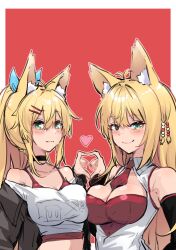Rule 34 | 2girls, animal ears, bare shoulders, beads, between breasts, blonde hair, blush, breast press, breasts, cevio, crop top, dual persona, fox ears, fox girl, green eyes, hair beads, hair ornament, hairpin, heart, heart hands, heart hands duo, high ponytail, highres, jacket, large breasts, long hair, multiple girls, necktie, necktie between breasts, off-shoulder shirt, off shoulder, official alternate costume, open clothes, open jacket, open shirt, shirt, sidelocks, smile, symmetrical docking, tsurumaki maki, upper body, voiceroid, zooanime