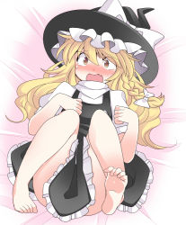Rule 34 | 1girl, bad id, bad pixiv id, bare legs, barefoot, blonde hair, blush, braid, convenient skirt, fang, feet, female focus, hammer (sunset beach), hat, kirisame marisa, knees to chest, knees together feet apart, long hair, lying, on back, open mouth, single braid, skin fang, skirt, solo, toes, touhou, yellow eyes